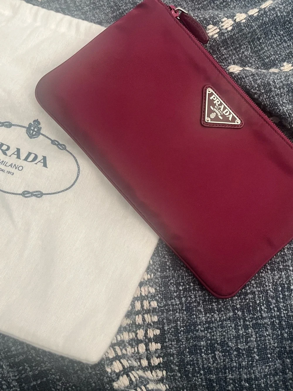 Prada Deep Burgundy Nylon Wristlet Clutch with Logo Plaque